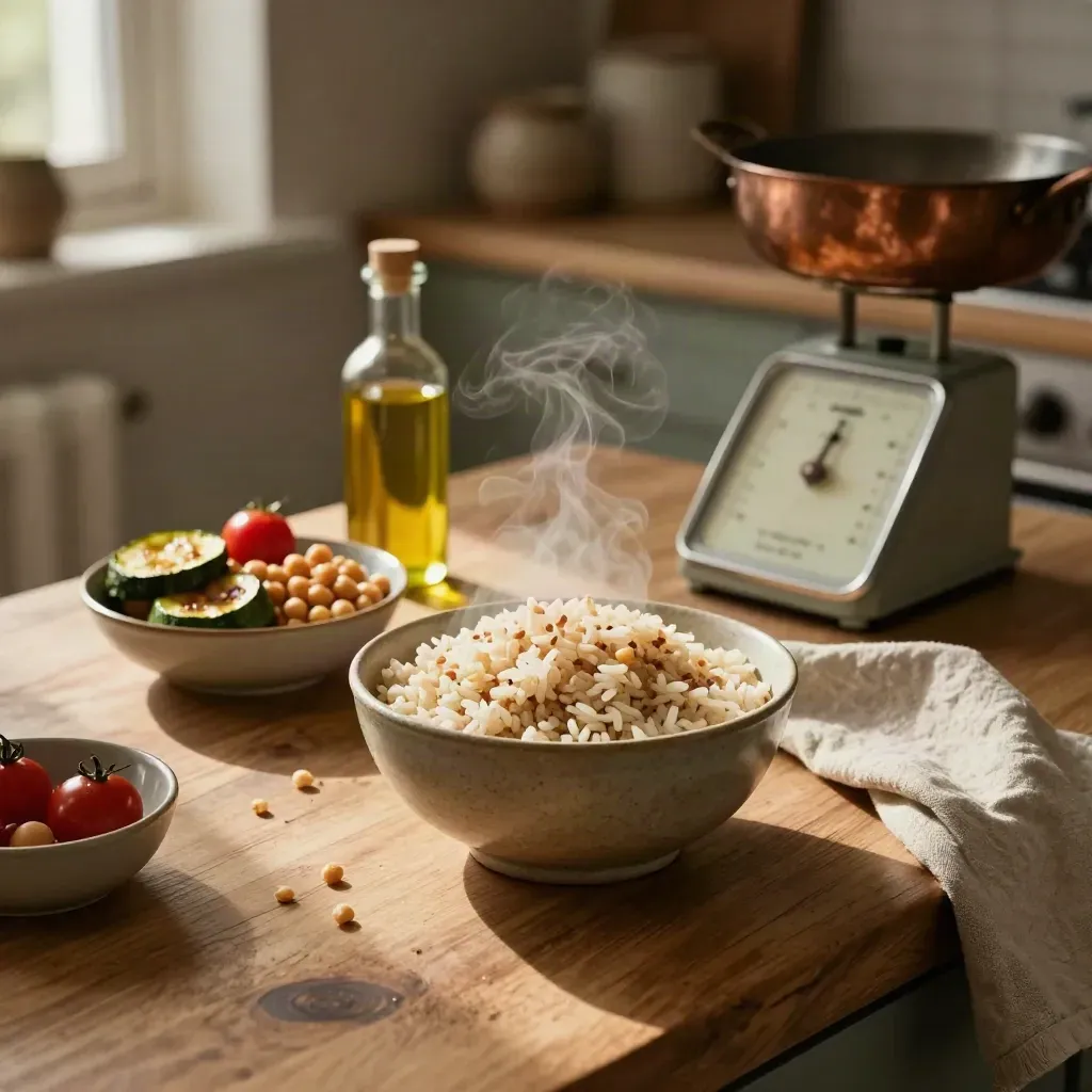 Ciotole con cereali, verdure e olio su piano cucina, luce calda e vapore.