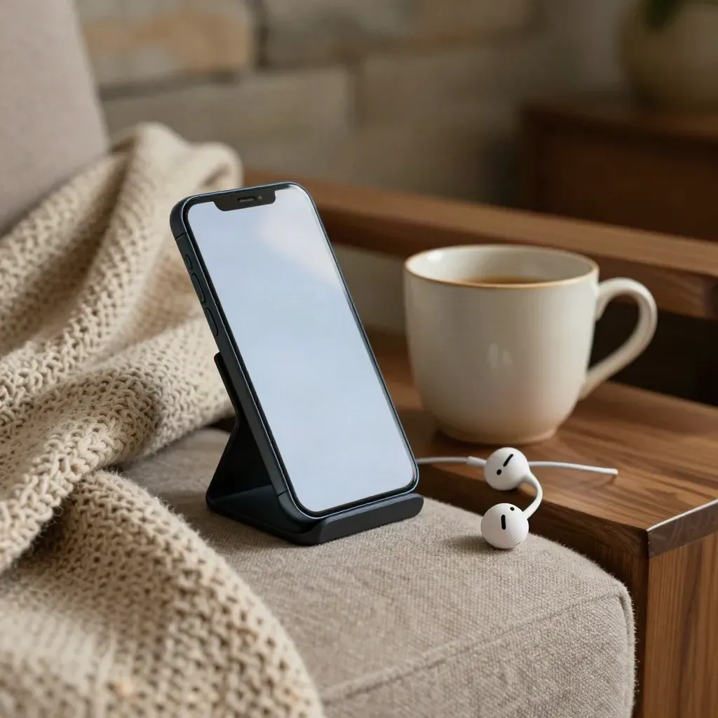 Postazione per telemedicina a casa con smartphone, auricolari, tazza in ceramica e coperta morbida.
