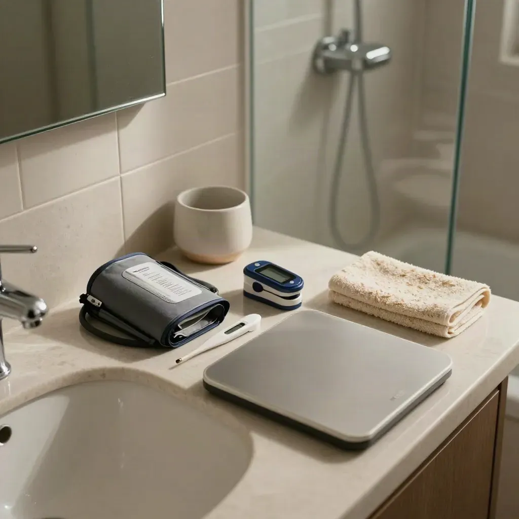 Kit checkup preventivo in bagno luminoso con sfigmomanometro, saturimetro, termometro e bilancia.