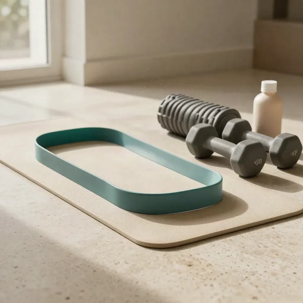 Angolo fitness domestico con elastico teso, tappetino, manubri, foam roller e borraccia in luce morbida.