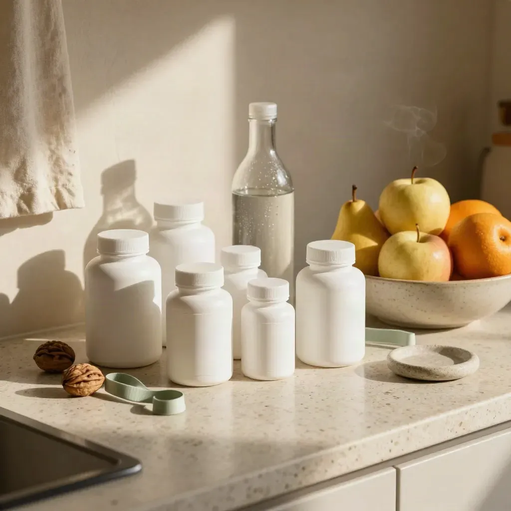Integratori, frutta e borraccia in vetro su piano in travertino, luce calda.
