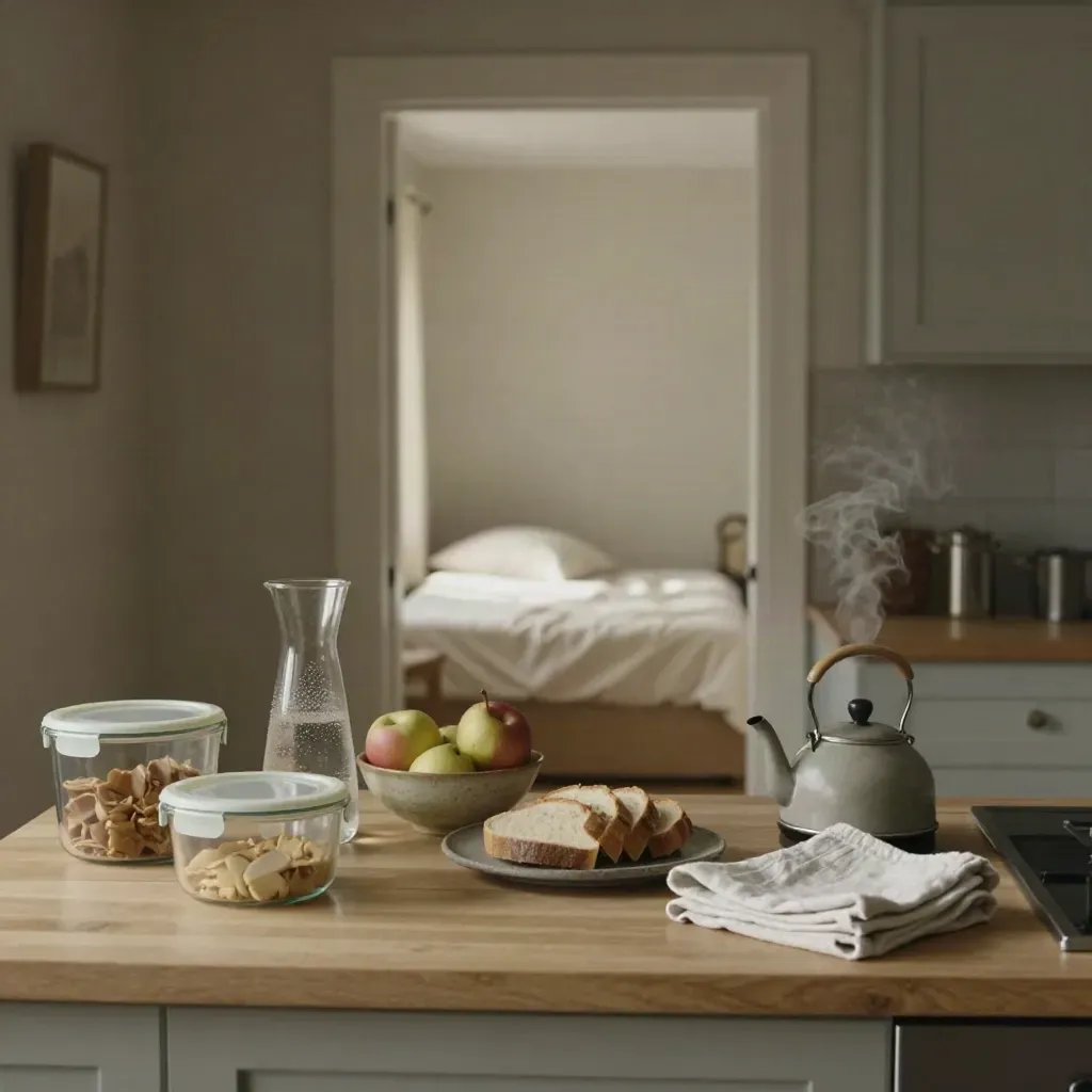 Colazione pronta in cucina-soggiorno, contenitori chiusi, frutta e luce verso la zona notte.