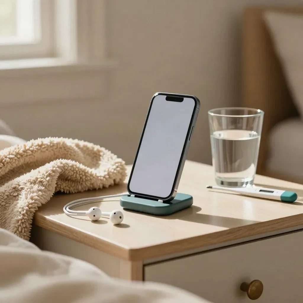 Corner per televisita con smartphone, auricolari, termometro, acqua e coperta su comodino chiaro