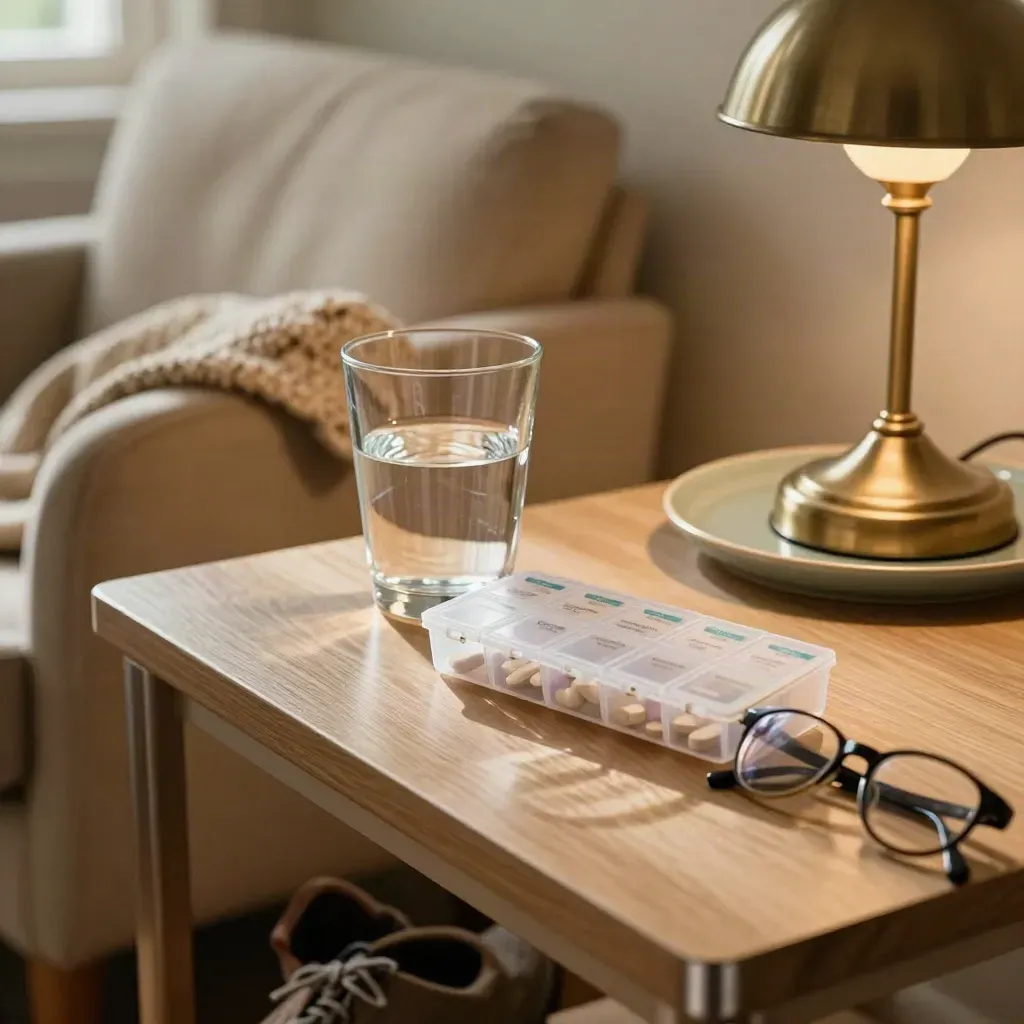 Routine di integratori accanto alla poltrona, con bicchiere d’acqua, occhiali, scarpe e lampada calda.