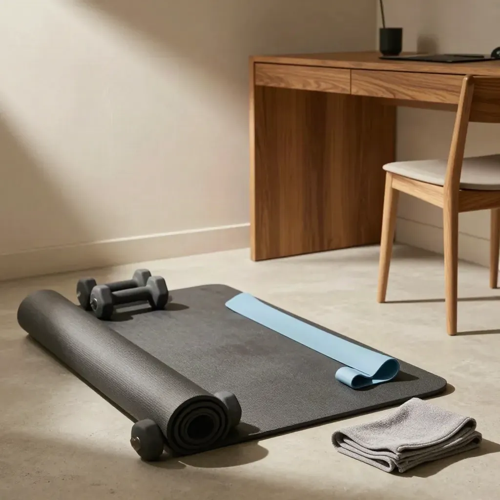 Tappetino piegato, manubri e elastico azzurro accanto a una scrivania chiusa in un angolo fitness domestico.