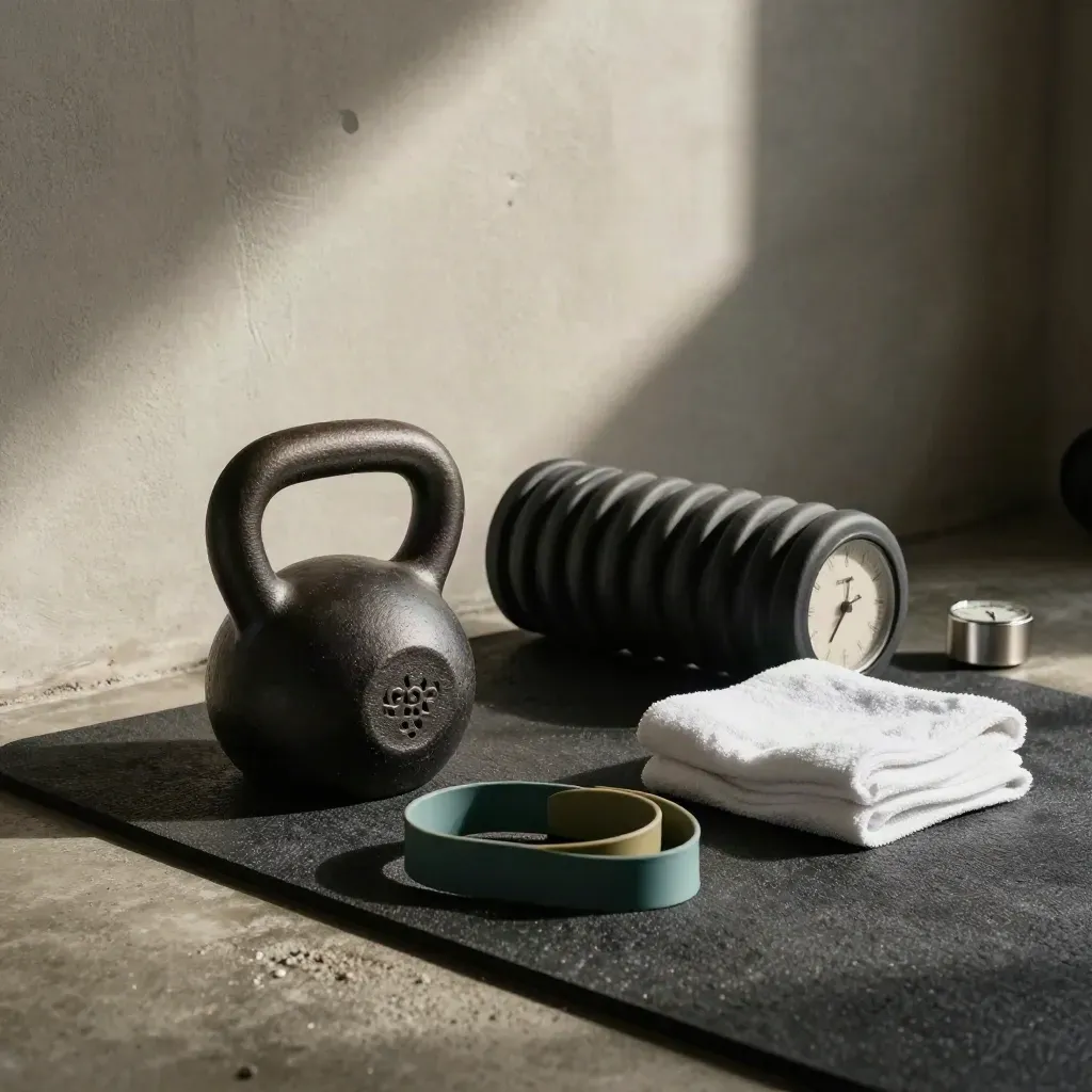 Attrezzatura da fitness con kettlebell, foam roller, elastici e timer su pavimento in cemento.