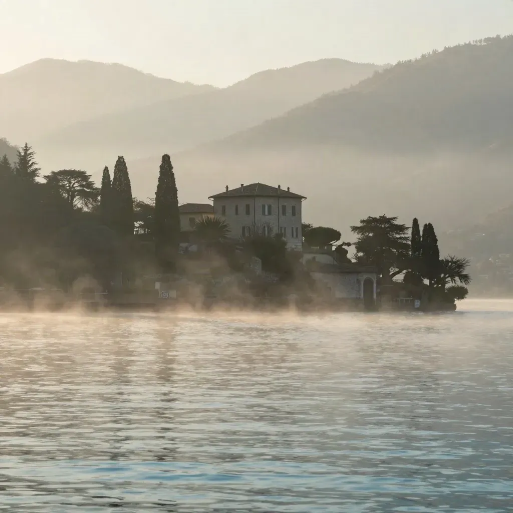 Il Lago di Como all’alba con villa in collina, cipressi e nebbia sul lago
