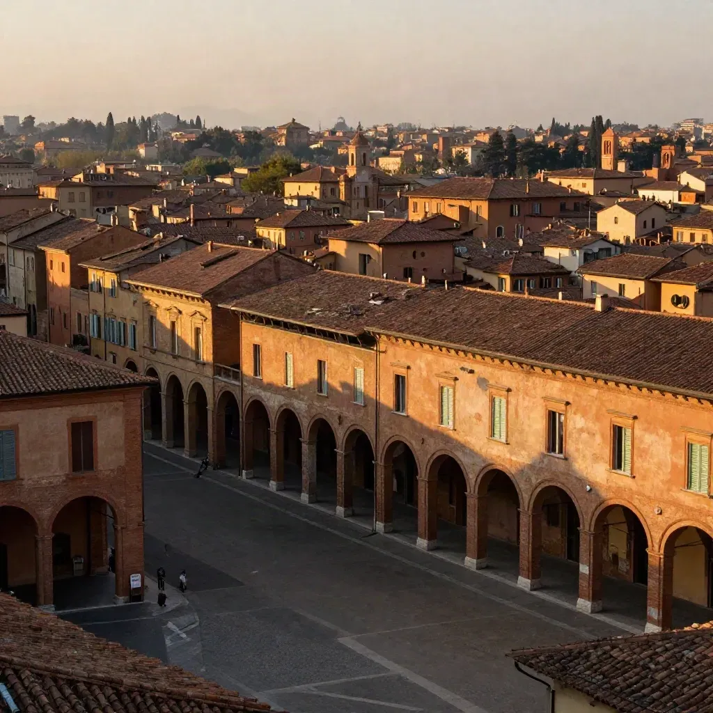 Bologna al tramonto con i portici in alto e la piazza bassa nella foschia dorata