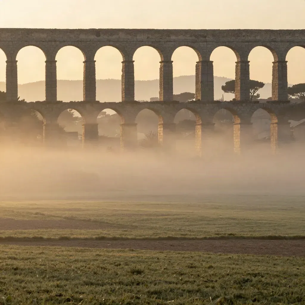 Panorama del Lazio all’alba con acquedotto romano, pini e travertino nella foschia dorata.