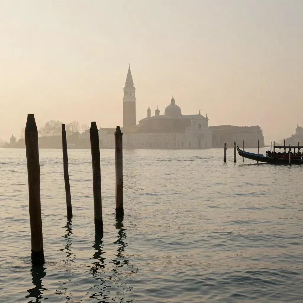 Laguna veneta al tramonto con campanile lontano, pali in legno e acqua nella bruma.